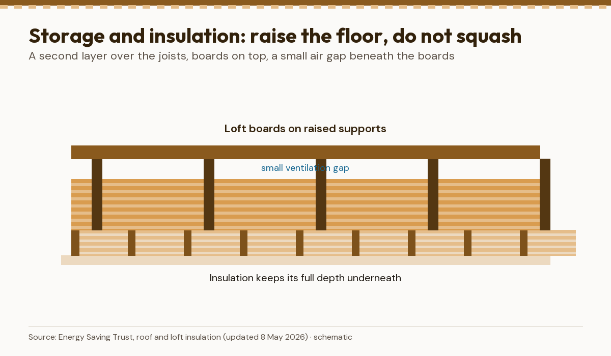 Cross-section of a loft with boards on raised supports above a full-depth second layer of insulation and a small air gap