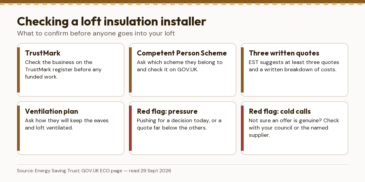 Checklist for choosing a loft insulation installer: TrustMark, Competent Person Scheme, three written quotes, ventilation plan, and two red flags