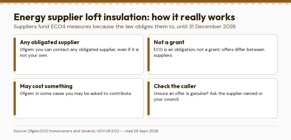 How energy supplier loft insulation works: any obligated supplier, not a grant, may cost something, check the caller